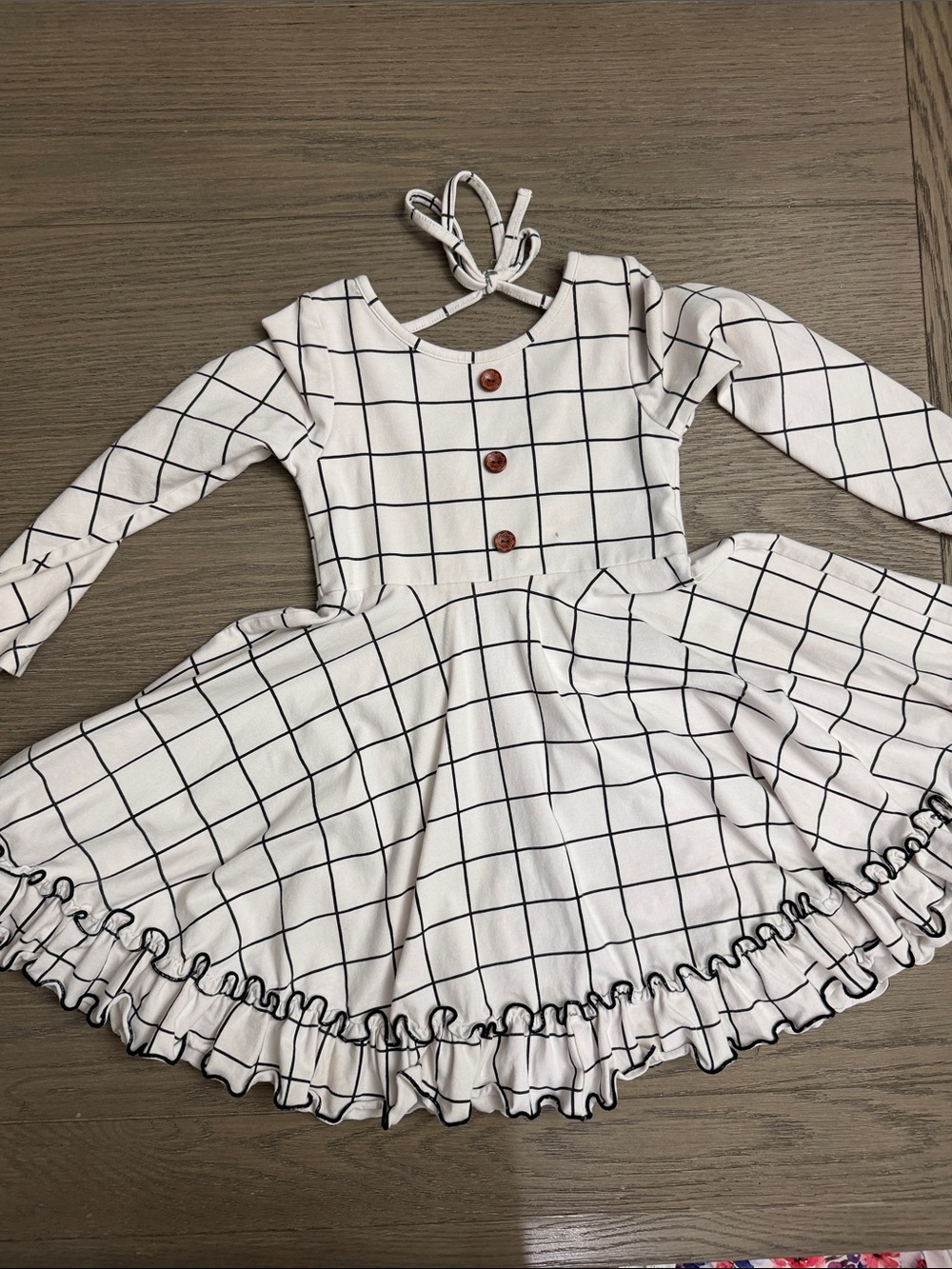 SweetHoney 5Y White Dress with Black Grid and Ruffle Hem